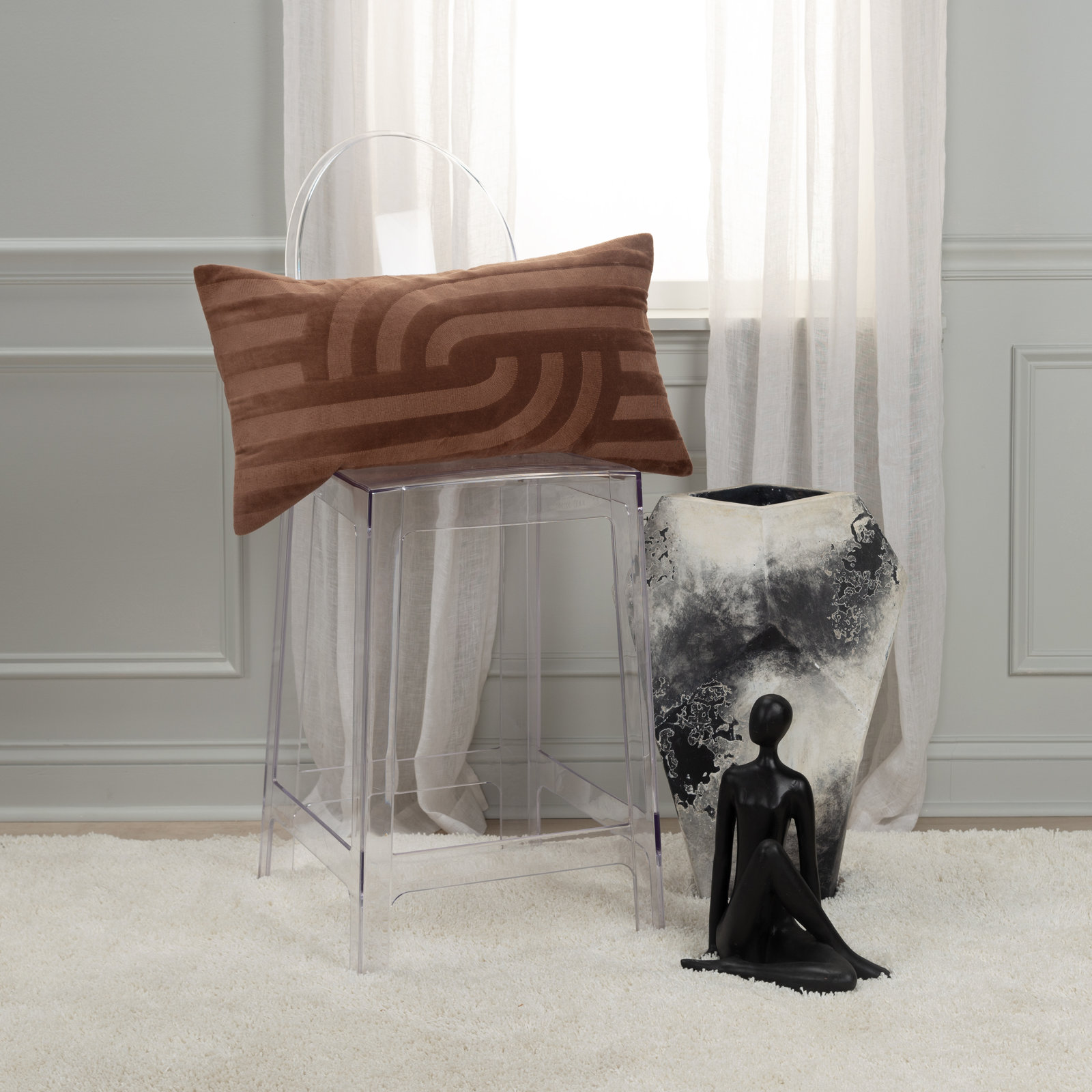 Terrah Embroidered Cotton Lumbar Throw Pillow, Cocoa Brown
