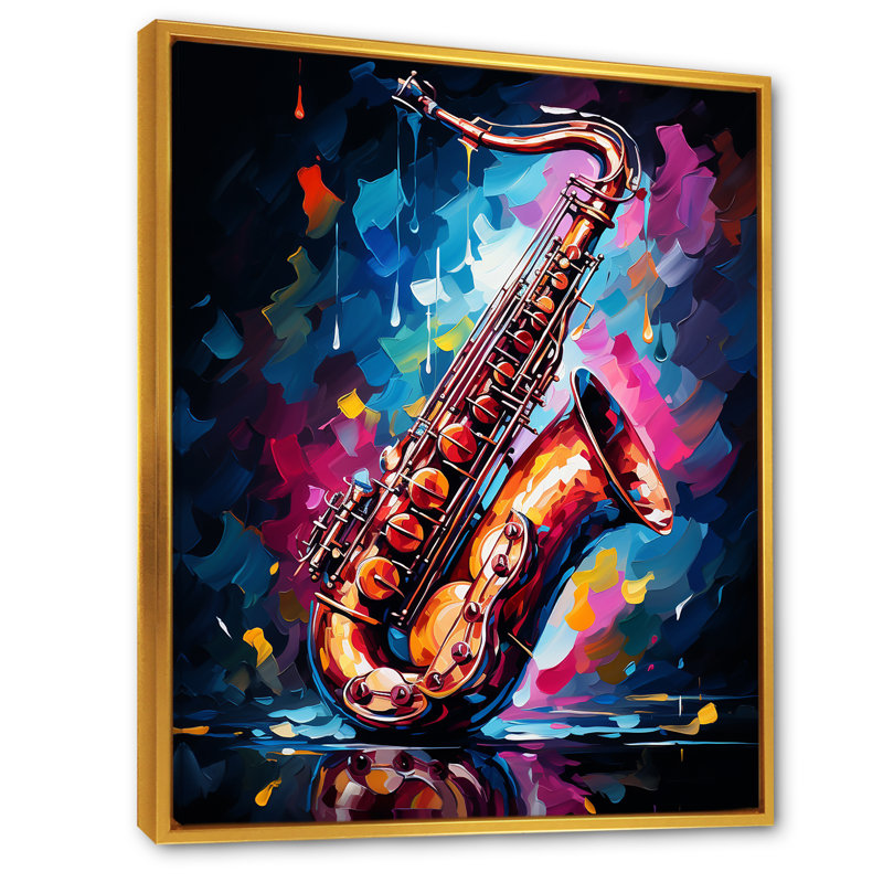 Blue Vibrant Saxophone Rythme - musique, art mural, Cadre flottant doré, H 32 po x l 24 po x P 1 po