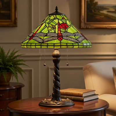 Eli Table Lamp With Tiffany Glass Shade Painted Green Dragonfly, Brass