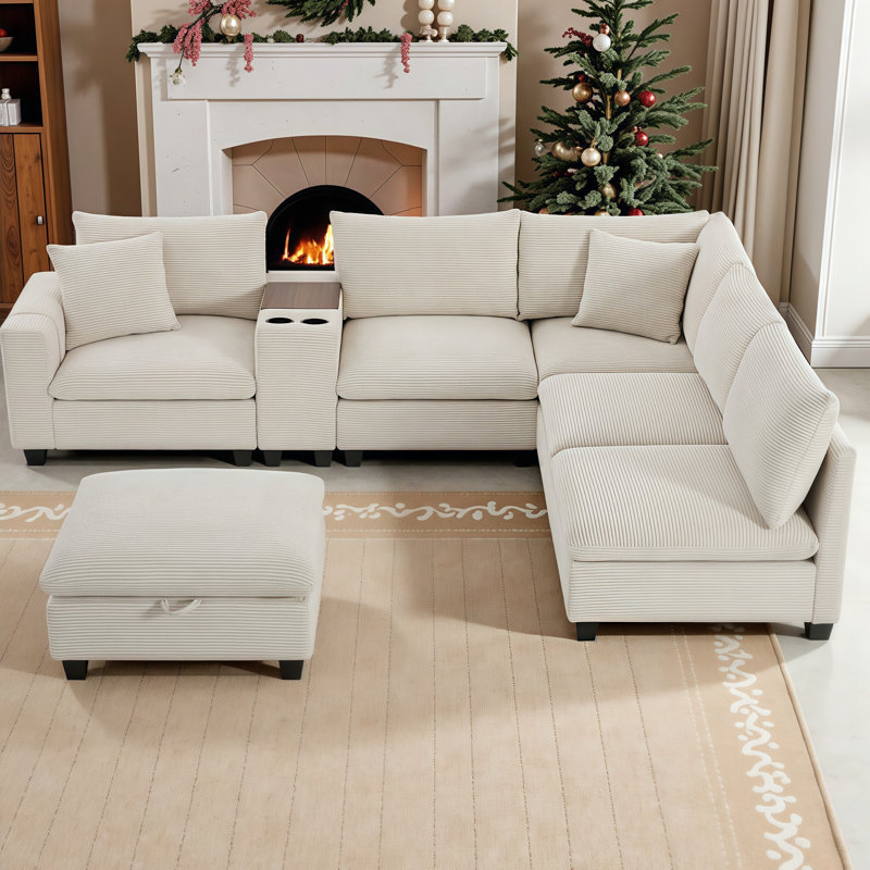 Plush Corduroy U-Shaped Sectional Sofa with Movable Ottoman, USB Charger & Storage Console – Modular Luxury, Beige