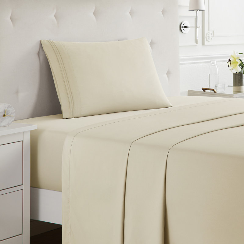  Ensemble de draps double brossé de luxe pour hôtel avec draps et taies d'oreiller très doux, Drap pour lit simple, Beige