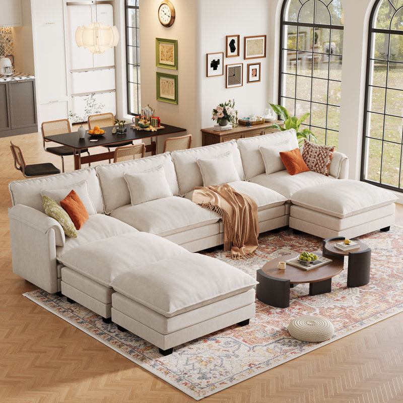 7-Piece 153'' U-Shaped Comfy Cloud Modular Sectional Sofa With Deep Seat, 4-Seat Sofa With Removable Ottomans-Chenille Fabric-Beige