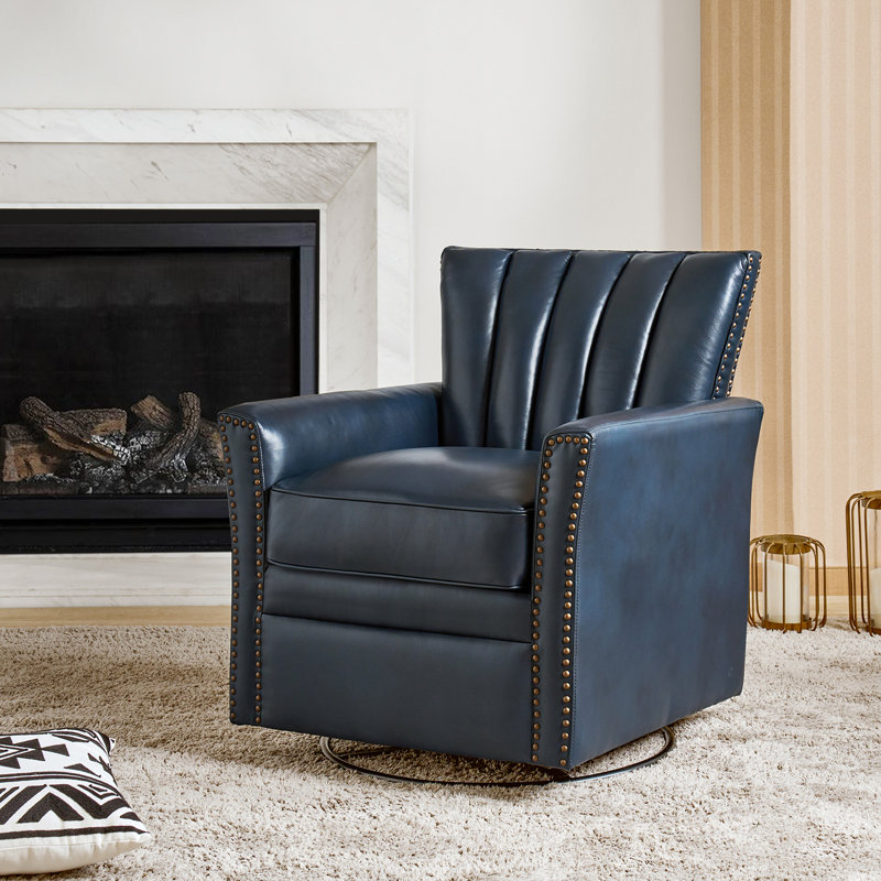 Heilig Genuine Leather Swivel Rocker Armchair, Navy Genuine Leather