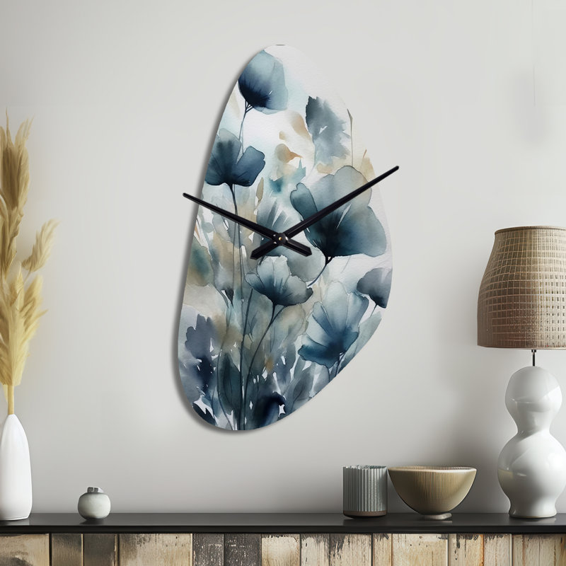 Horloge murale en forme de feuille bleue - Feuillage bleu et fleurs III - Feuilles, forme irrégulière, Grand