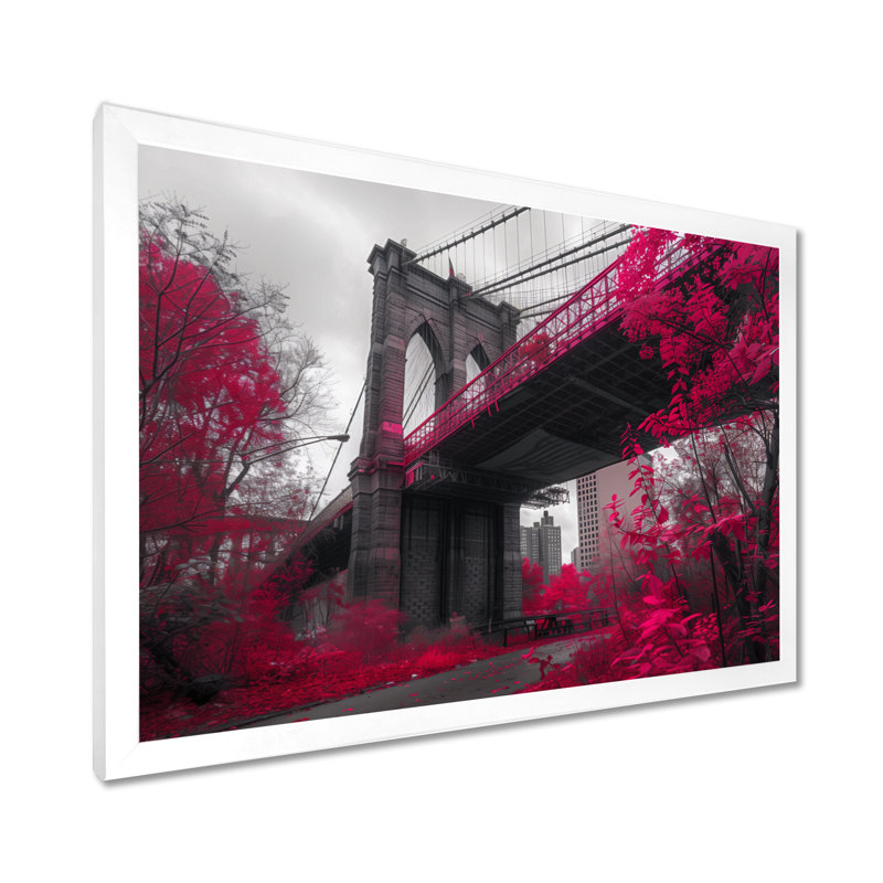 Rose, gris, pont de Brooklyn, New York, reproduction d'art murale - pont, Cadre simple blanc, H 34 po x l 44 po x P 1,5 po