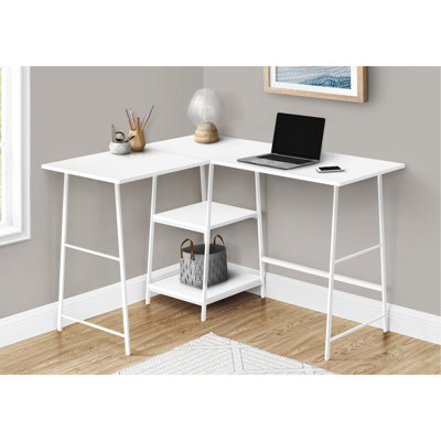 Bureau moderne en forme de L avec capacité de rangement, l 48 po, stratifié blanc et métal, pour un usage domestique Conception d'ordinateur contemporaine, productivité