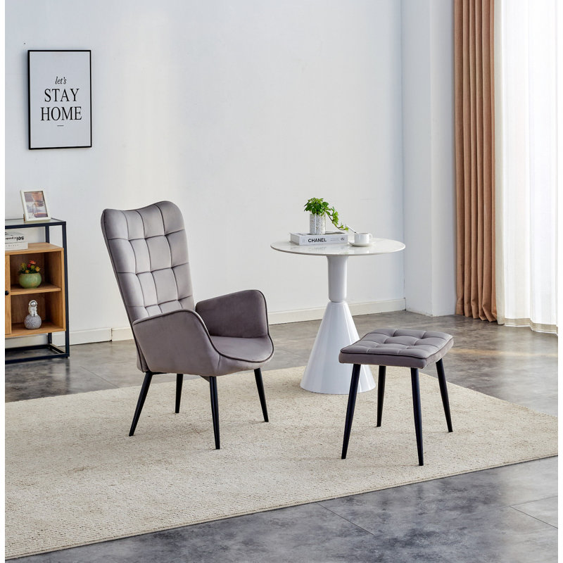 Addae Velvet Accent Chair with Footstool, Grey