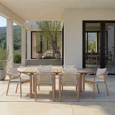Balmor 7-Piece Extendable Outdoor Dining Set In Eucalyptus With Beige Cushions