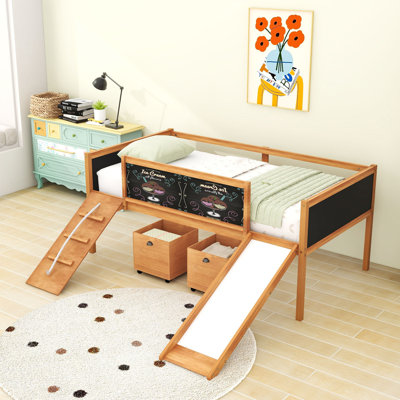 Twin-Size Loft Bed With Climbing Frame, Slide, And Creative Chalkboard