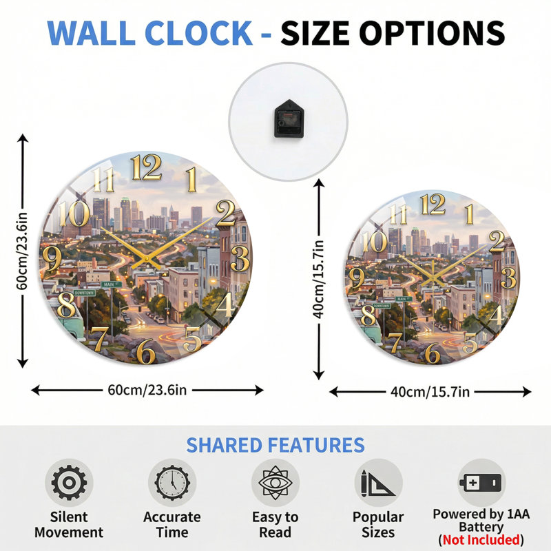 "Cityscape View", horloge murale en verre, 40 x 40 cm (15,7 x 15,7 pouces)