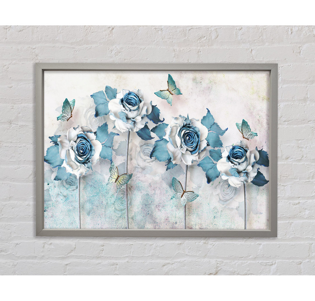 Teal Roses And Butterflies - Einzelner Bilderrahmen Kunstdrucke auf Leinwand