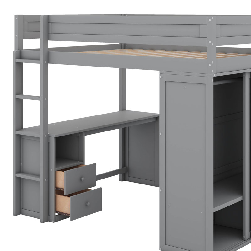 Lit mezzanine double avec placards et bureau, Gris, Double