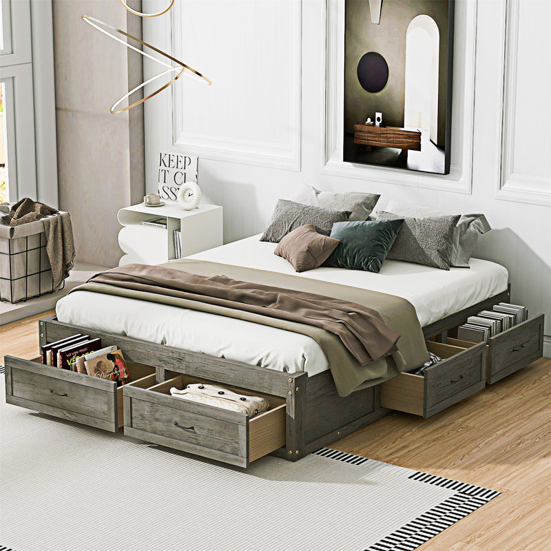 6 Drawers Storage Platform Bed, Queen, Antique Gray