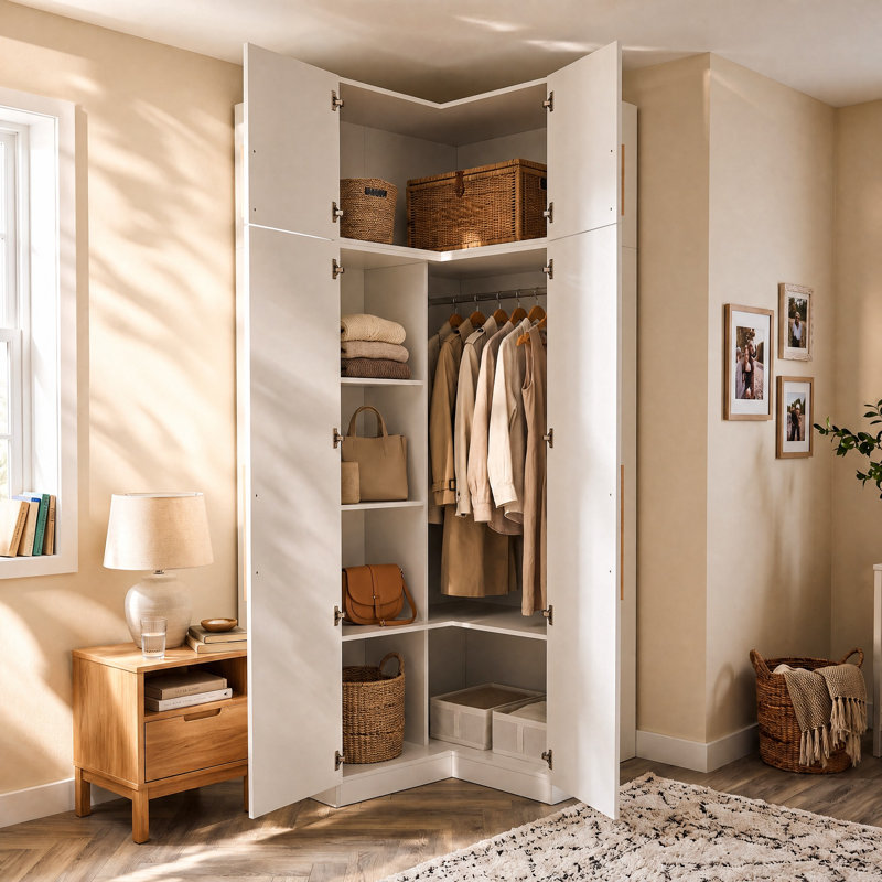 Armoire d'angle 90,6 "avec armoire supérieure, 7 tablettes intérieures et tringle pour rangement dans la chambre à coucher