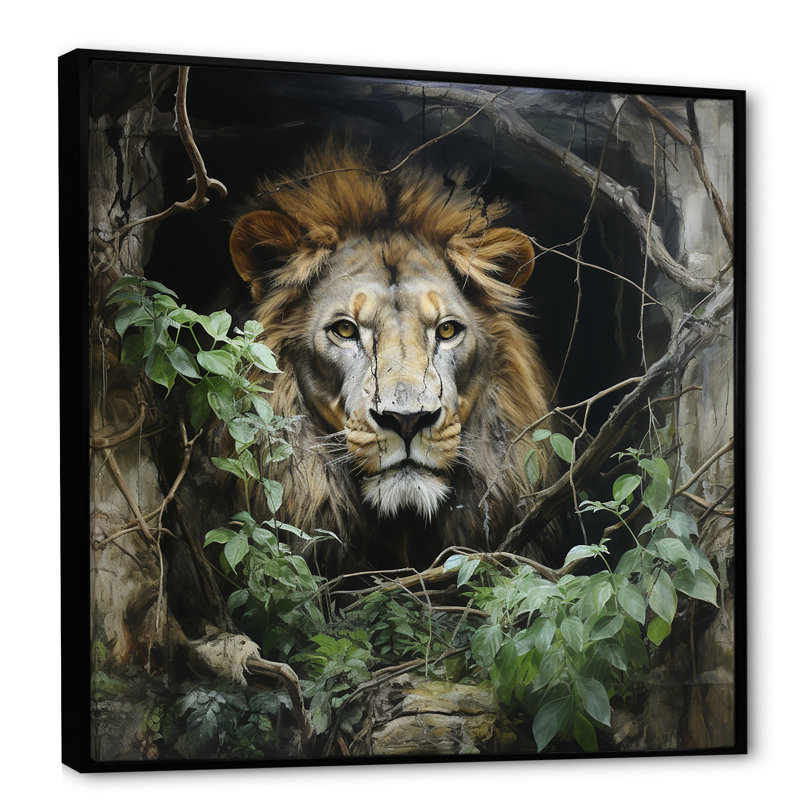 Lion vert dans la jungle - décoration murale animal lion, Cadre flottant noir, H 30 po x l 30 po x P 1,5 po