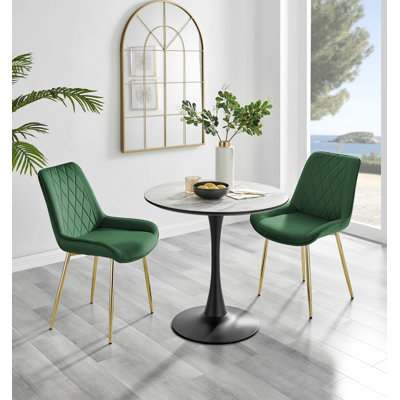 Marble Effect Round Dining Table and 2 Upholstered Dining Chairs