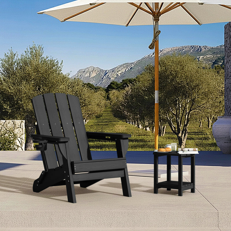 Chaise pliante Adirondack en PEHD résistante aux intempéries avec 2 porte-gobelets, Noir