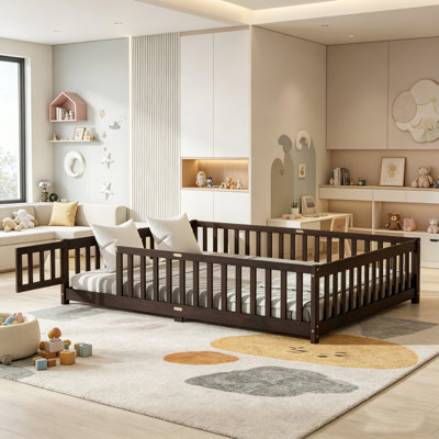 Grand lit au sol, lit de jeu en bois avec garde-corps et porte, lit au sol pour enfants, base de lit pour enfant à profil bas pour chambre à coucher