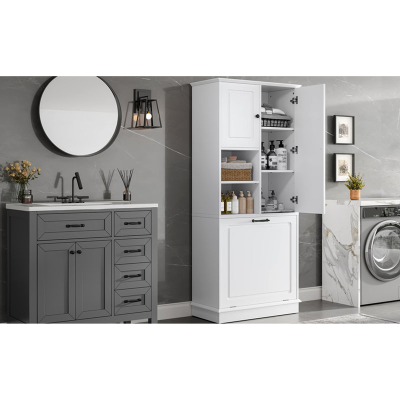 Adjustable Shelf Tall Storage Cabinet With Flip - Out Basket And Enclosed Cabinets For Bathroom Home Office. Construction Living Room