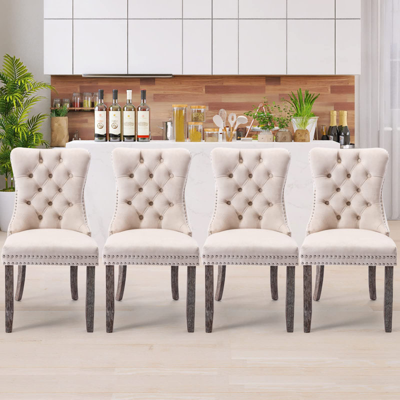 Dining Chairs, Upholstered High-end Tufted Dining Room Chair with Nailhead Back Ring, Beige Linen, Brown, 4