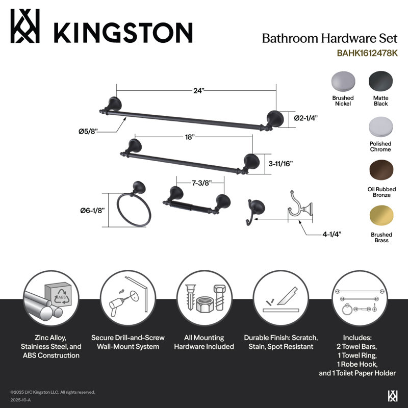 Kingston Brass Naples 5-Piece Bathroom Hardware Set, Matte Black