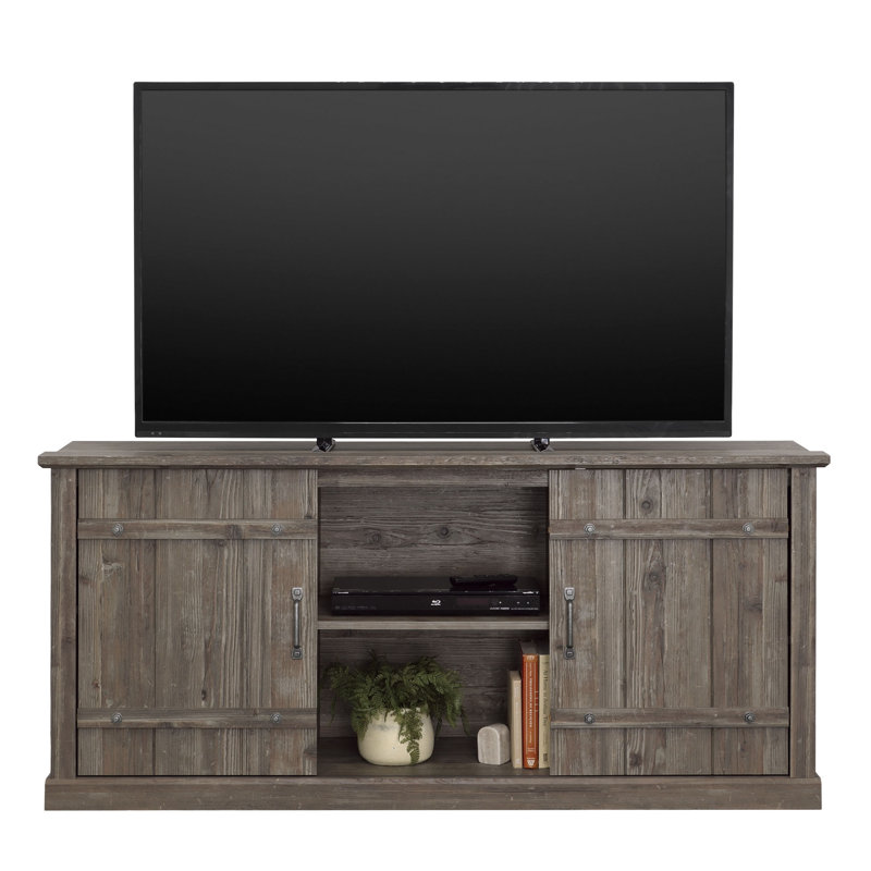 Crédence en bois pour téléviseur de 70 po ou moins avec portes coulissantes, brun pin, Pinède