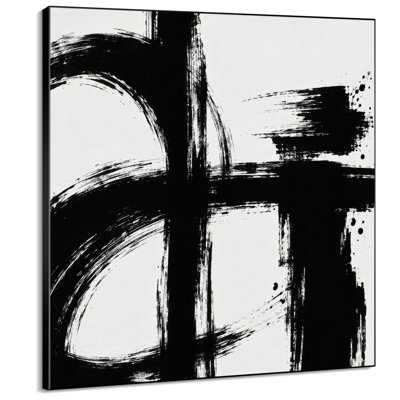 Impression sur tissu grand format - Motif abstrait expressif noir et blanc pour salon ou chambre - « Assemblage du cadre requis (cadre non fini) »