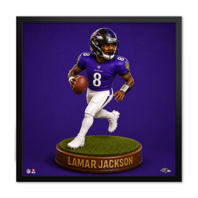 Figurine à tête oscillante encadrée de Lamar Jackson (NFL-PA Baltimore Ravens, année 2008, 30 x 30 cm)