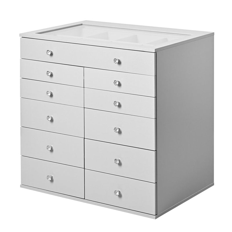 Storage Box with 11 Makeup Drawers, Crystal Lux Handles, Argent
