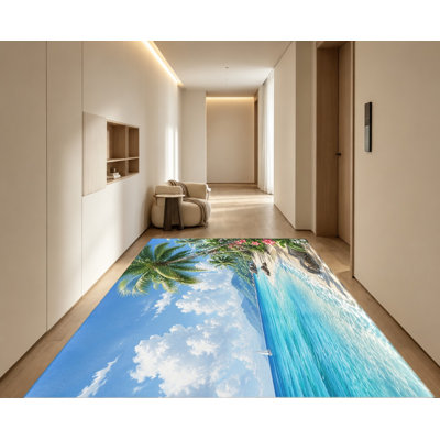 Tapis d'intérieur motif paysage tropical et plage, palmiers et bord de mer, antidérapant, idéal pour le salon, la chambre à coucher, la cuisine, l'entrée ou un appartement.