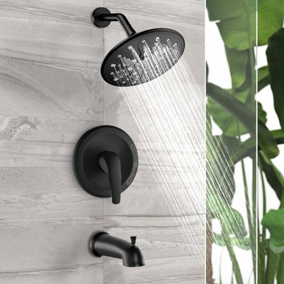 Matte Black Shower With Single Handle Class. Contains Rain Showerhead, Handheld Shower, Tub Spout & Valve. 1.8 Gpm Flow. Resists Corrosion. Wall Mounted In Pattern. With To 360° Adjustable. Mount