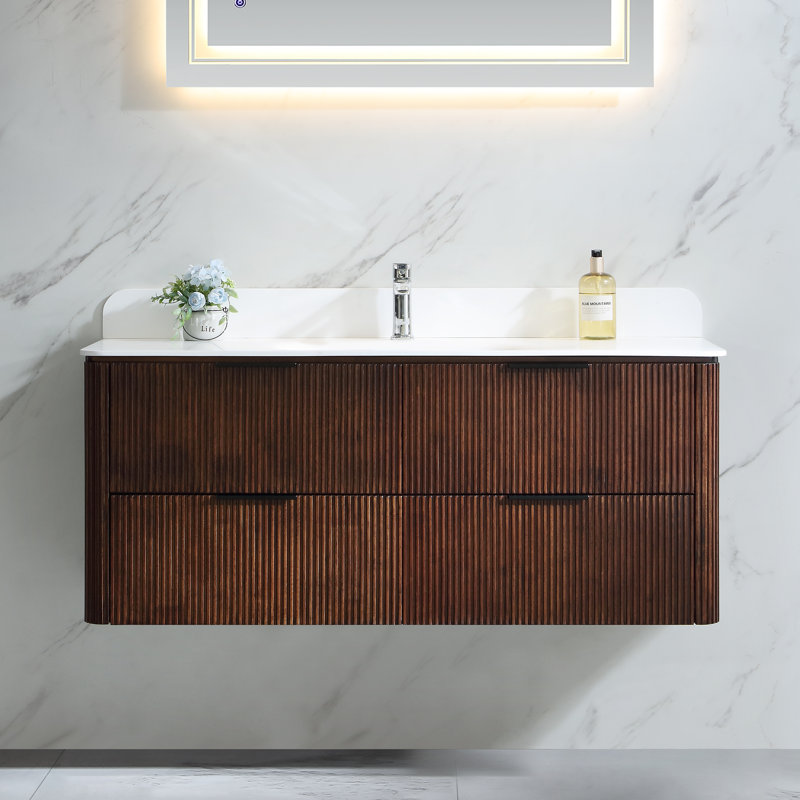 Meuble-lavabo mural flottant avec plateau en acrylique, Noyer, 48"