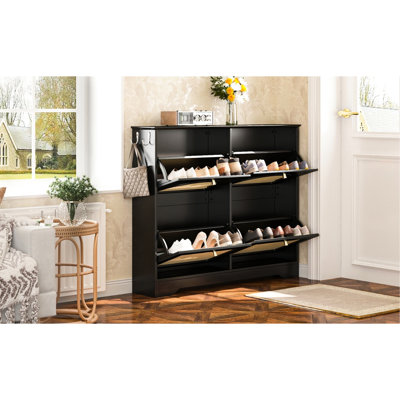 Practical Flip Drawer Shoe Cabinet, Mid - Century Design, Black Color, 2 Hooks, Tip, Floor Protection Safe Features