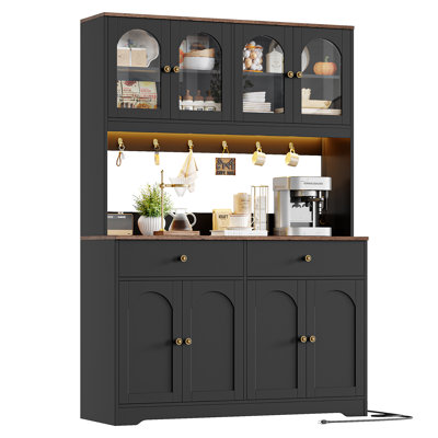 47.4'' Wood Baker's Rack with Microwave Shelf, Built-in LED Lighting & Music System, Storage Cabinet for Kitchen, Dining Room or Living Room