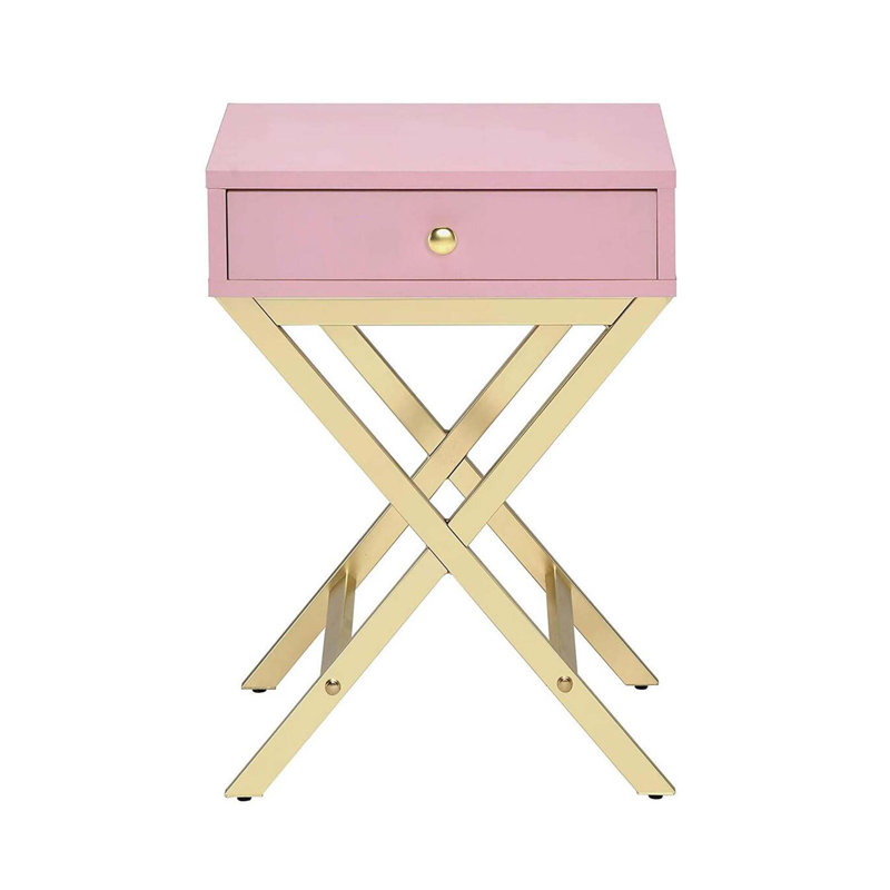 Rectangular Side Table With One Drawer, Pink Top/Gold Base