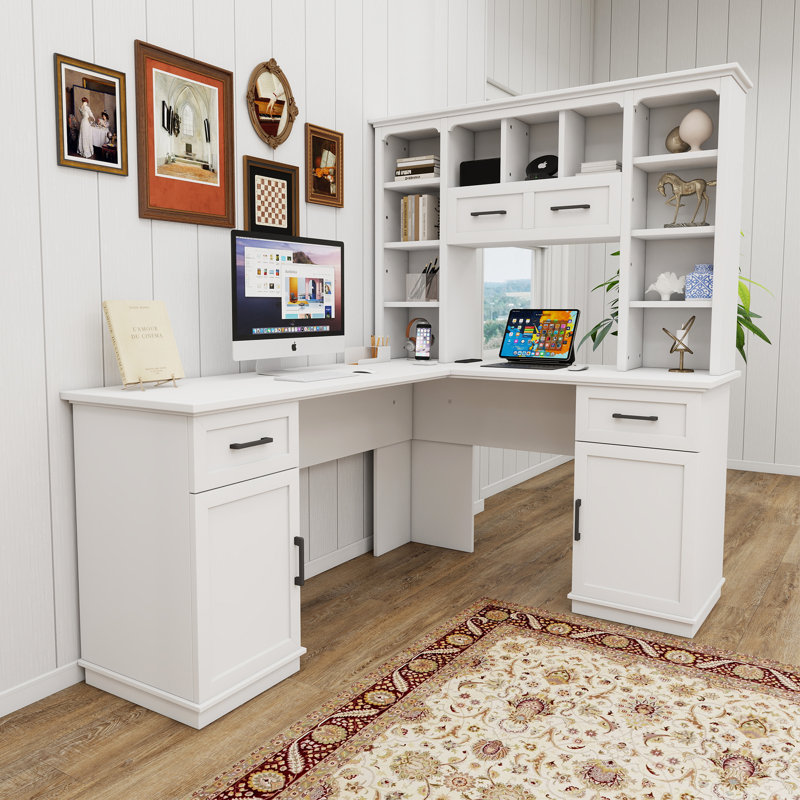 Modern L-shaped White Computer Desk For Home Office,wood Office Desk With Drawer And Bookcase, White