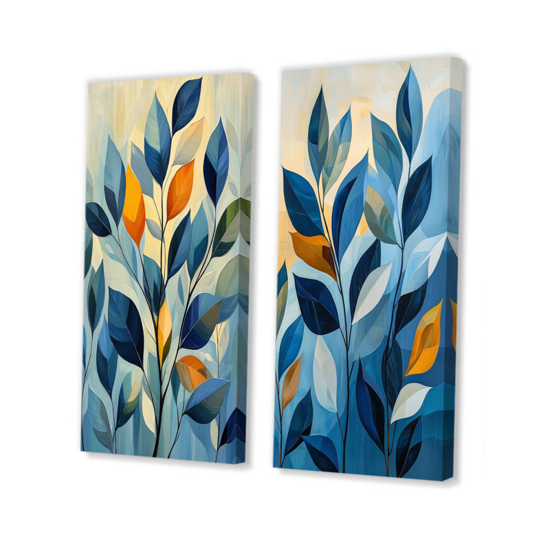 Ensemble de 2 pièces d'art mural Mid-Century bleu et orange I - Minimalisme, H 32 po x l 32 po, Toile tendue
