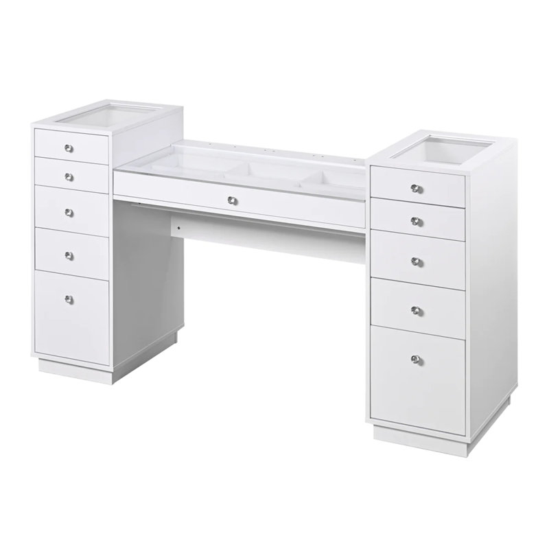 Bureau de maquillage à DEL Odette Touch Pro 2.0 avec plateau en verre et 6 tiroirs, Blanc