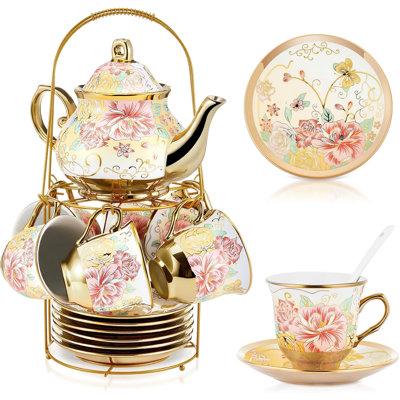 Service à thé 20 pièces en porcelaine avec support en métal et cuillère pour adultes