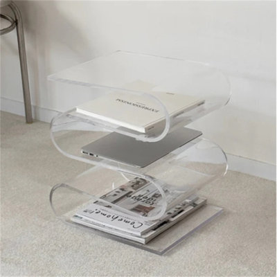 Modern Acrylic Wave Side Table with Multi-Tier Storage - Clear & Smoked Brown Finish