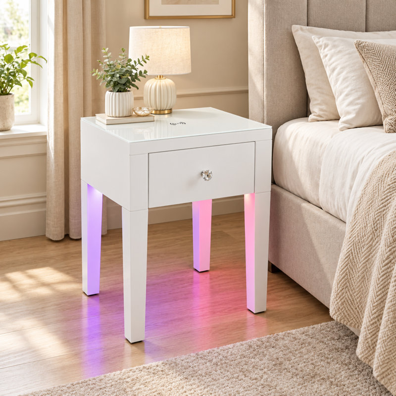 Smart White Glass LED Bedside Table - Wireless Charging & Speaker