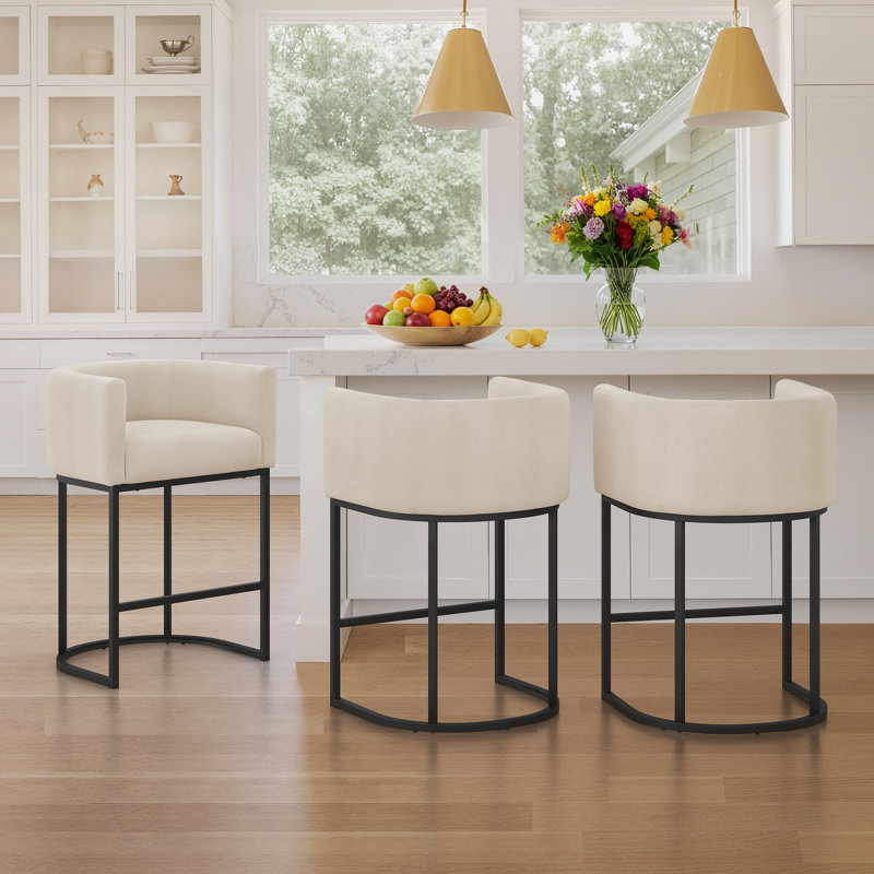Modern Upholstered Counter Stool with Metal Frame, Black, Linen/Linen