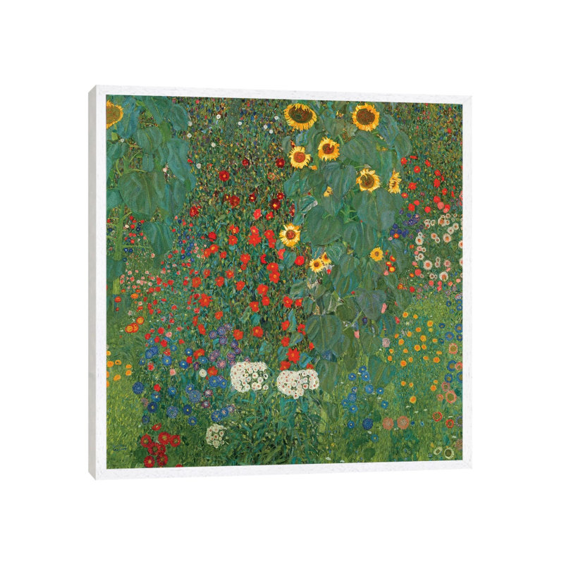 Farm Garden With Sunflowers, 1905-06 by Gustav Klimt - Wrapped Canvas Painting, White Framed