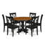 Ensemble de salle à manger 7 pièces en bois massif rond avec table de salle à manger avec rallonge et 6 chaises de cuisine avec siège en bois, double dossier en X, finition noire-1621543469