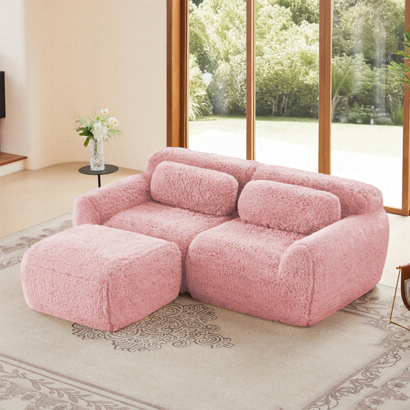 Canapé 2 places en tissu moelleux moelleux avec 1 repose-pieds, Rose