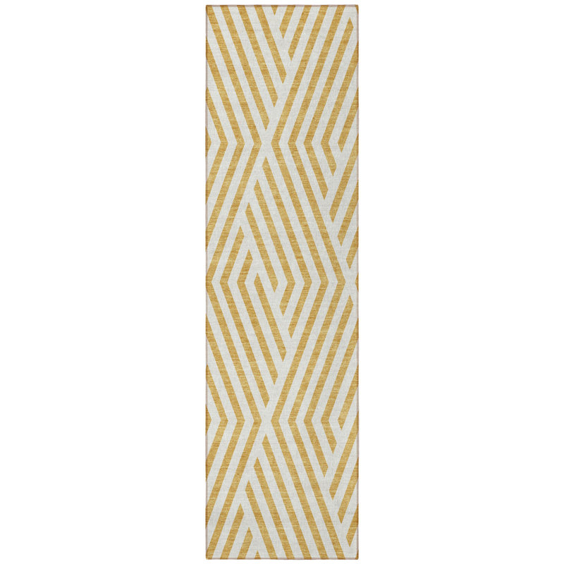 8' Runner Gold and White Geometric Washable Non Skid Indoor Outdoor Runner Rug