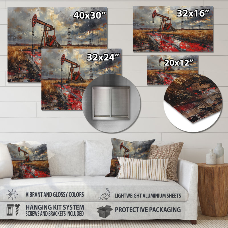 «Red Winter Oil Fields Industrial Icon I» - Art mural, H 30 po x l 40 po x P 1,5 po, Métal métal