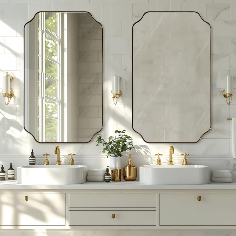 Modern Scalloped Corner Rectangle Bathroom Vanity Mirror | Stainless Steel Frame, Brushed Gold, 40" x 24"