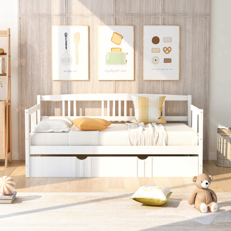 Lit de jour simple avec lit gigogne en bois, Blanc
