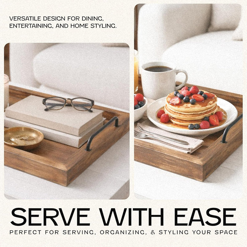 Rustic Wooden Serving Tray Set With Metal Handles, Farmhouse Nesting Trays For Food, Coffee Table, And Home Decor